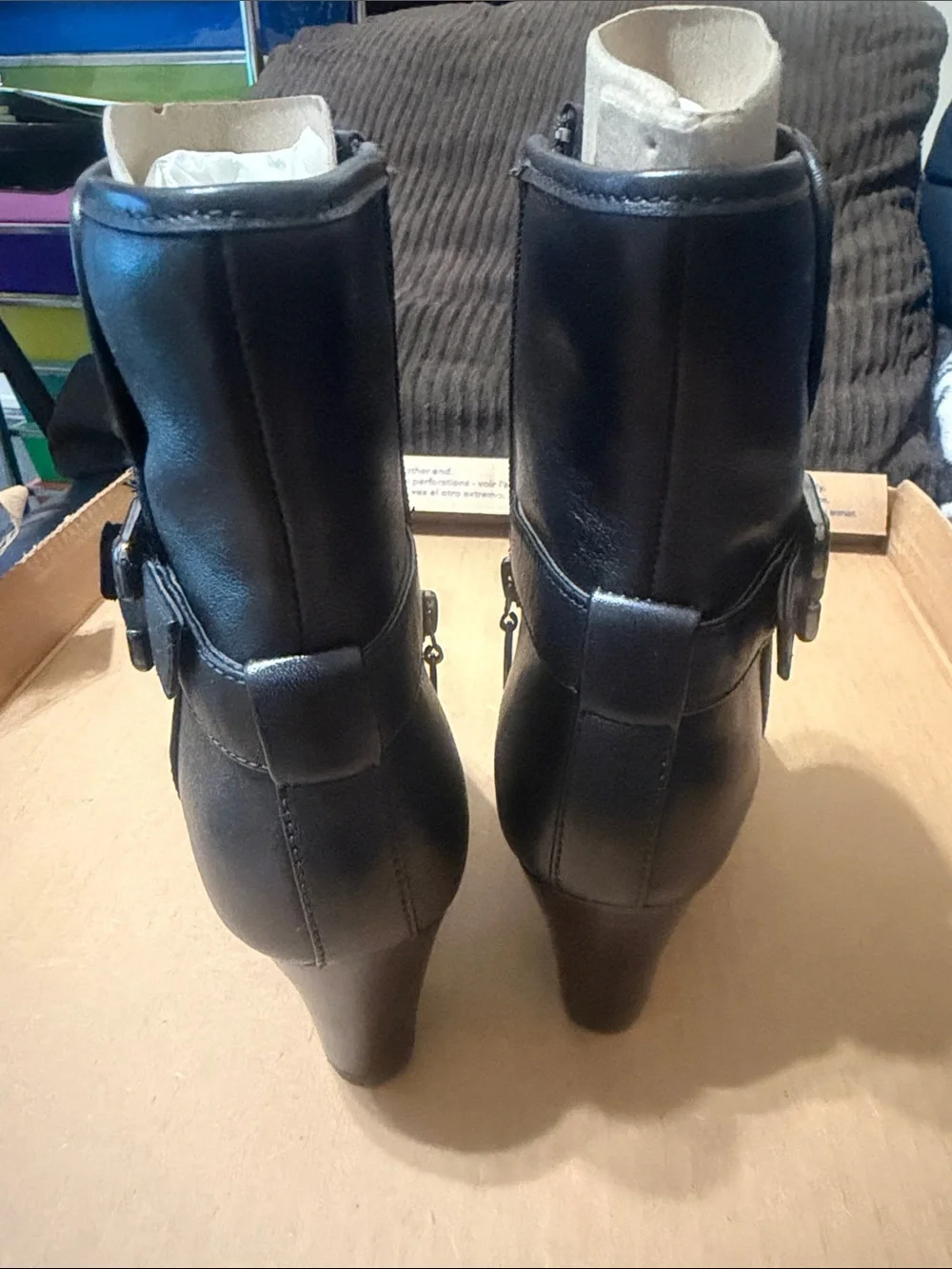 Clarks Black Leather Mid-Heel Ankle Booties with Buckle